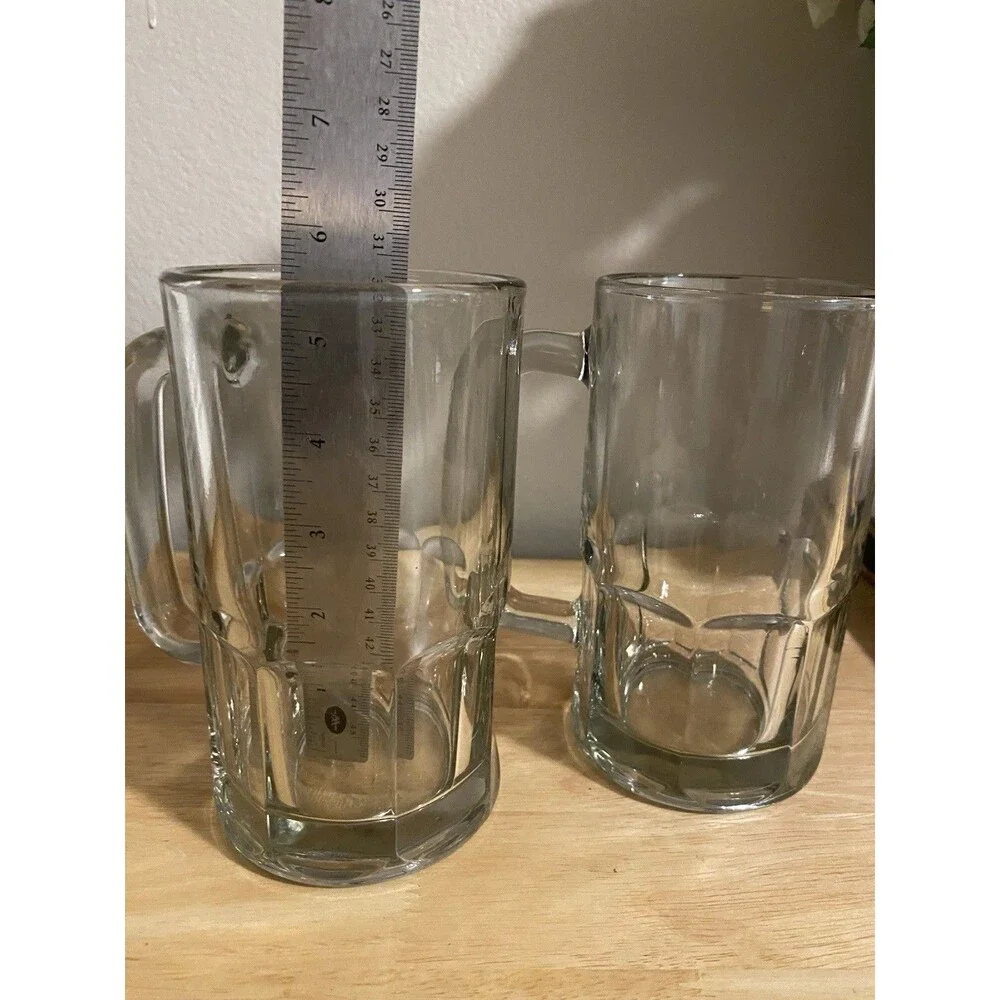 Vintage 2 ANCHOR HOCKING Beer Stein Mug Clear Glass Large HEAVY 8